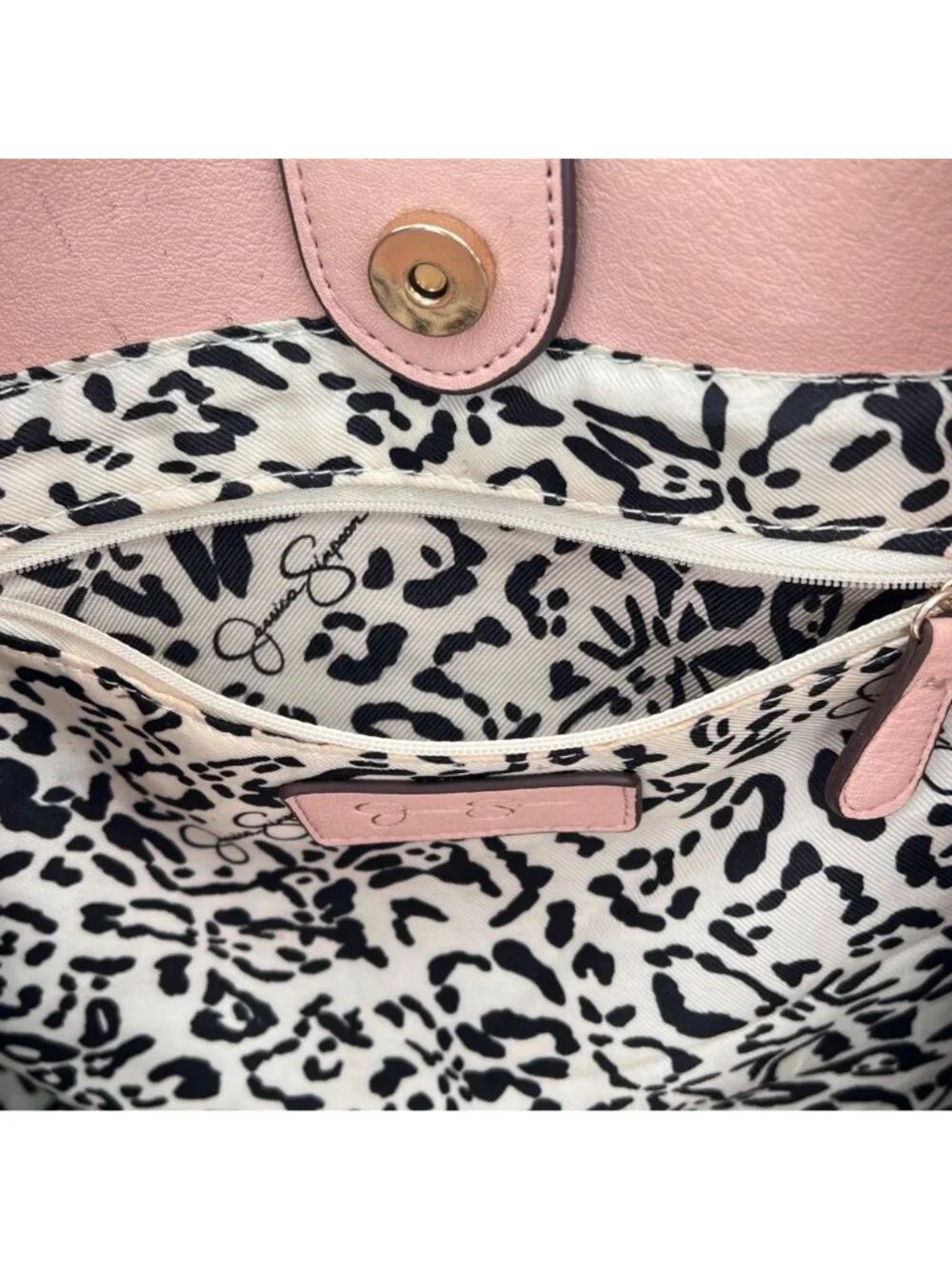 Jessica Simpson Blush Pink Tote Bag With Gold Chain Detail Leopard Print Lining - Picture 8 of 16